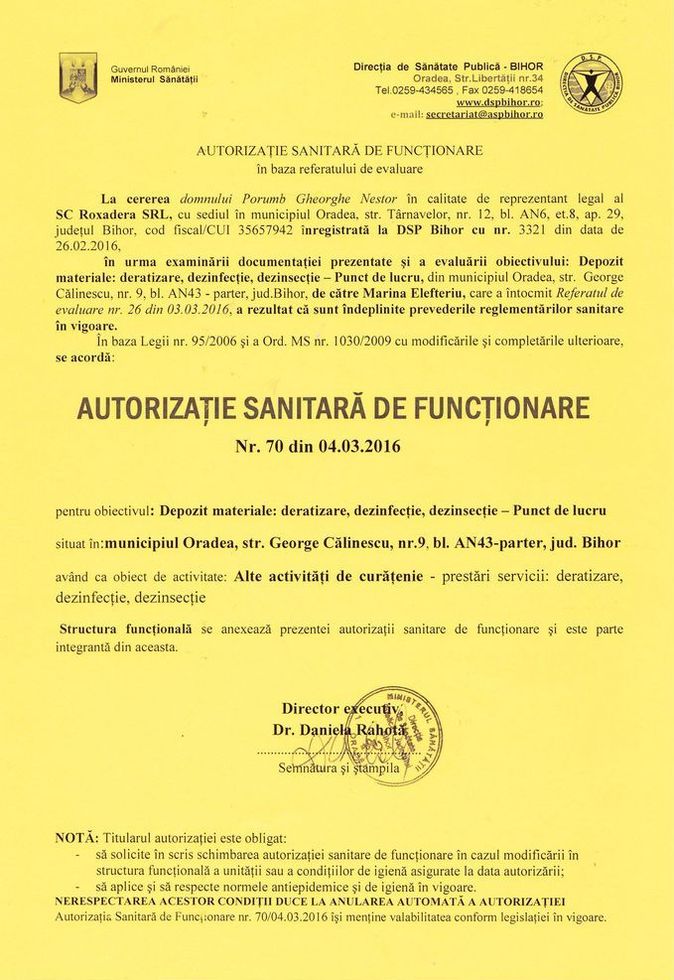 Deratizare Oradea - Autorizatie sanitara de functionare